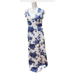 After Six Floral Print Chiffon Indigo Blue Gown